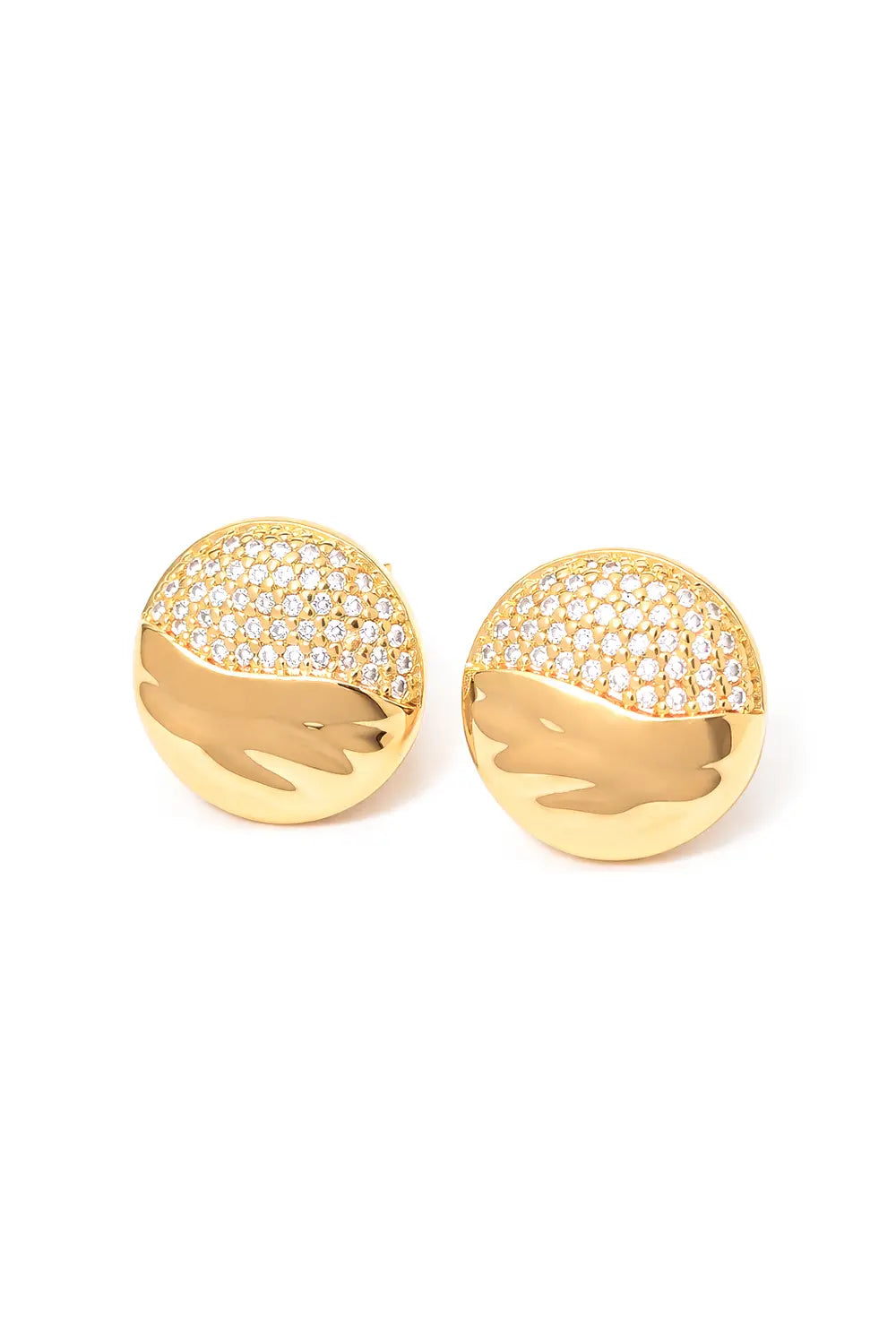 Half Pavé Round Dome Earrings | 18k Gold Plated