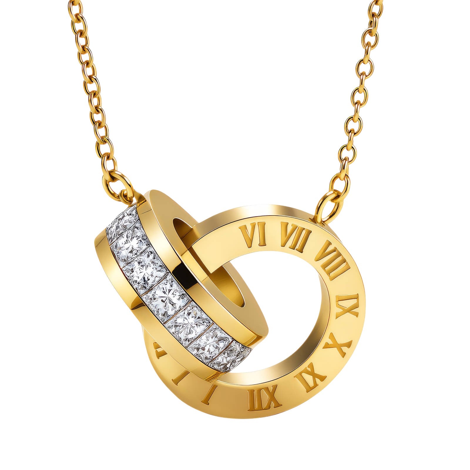 Gold Plated Roman Numeral Double Ring Necklace
