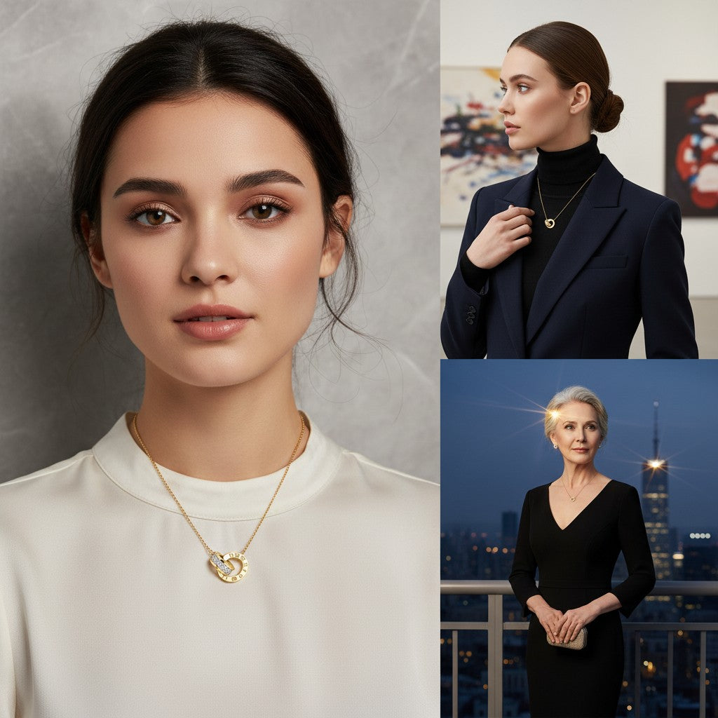 Gold Plated Roman Numeral Double Ring Necklace