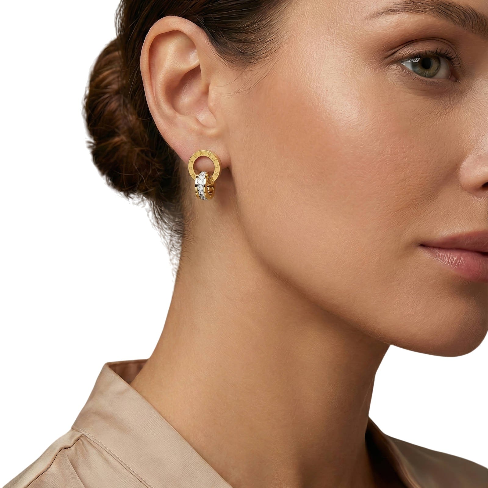 Gold Plated Roman Numeral Crystal Hoop Earrings