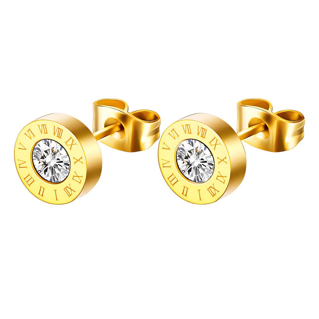 Gold Plated Roman Numeral Crystal Stud Earrings