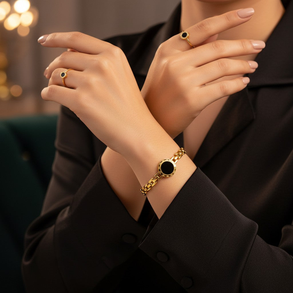 Roman Numeral Gold |Black Chain Bracelet