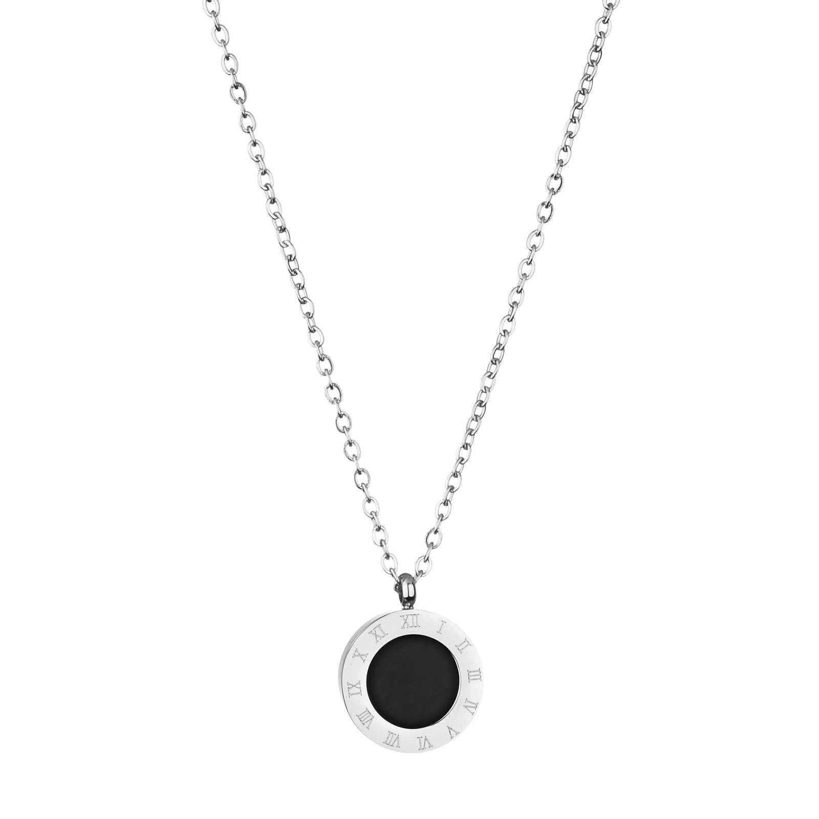 Silver Roman Numeral Black Pendant Necklace