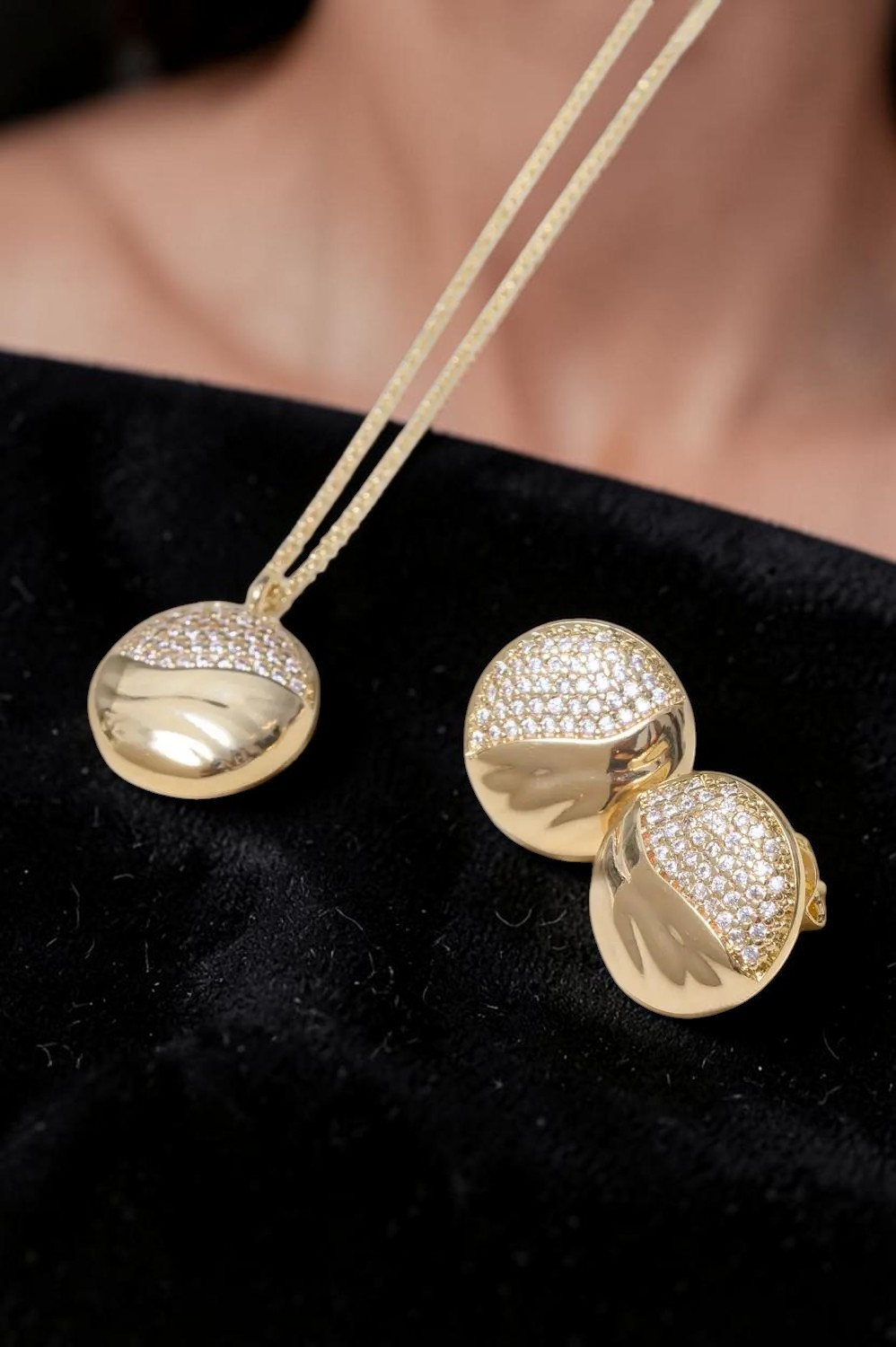 Half Pavé Round Dome Earrings | 18k Gold Plated