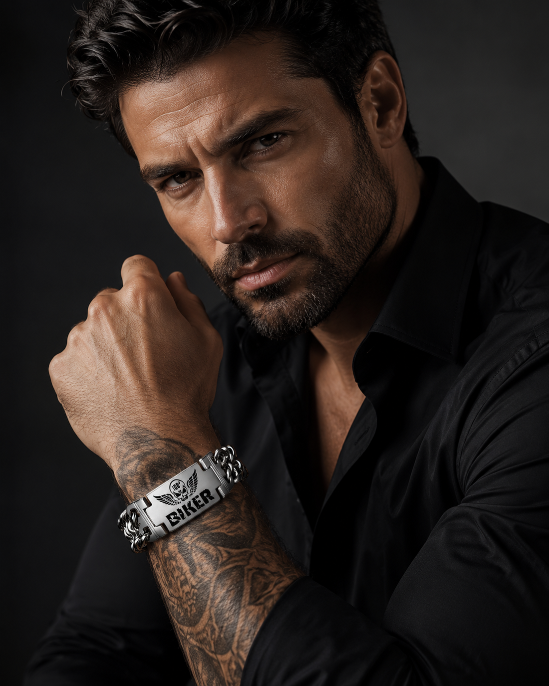 BIKER Men's Skull Head Bracelet Titanium Steel 22 CM