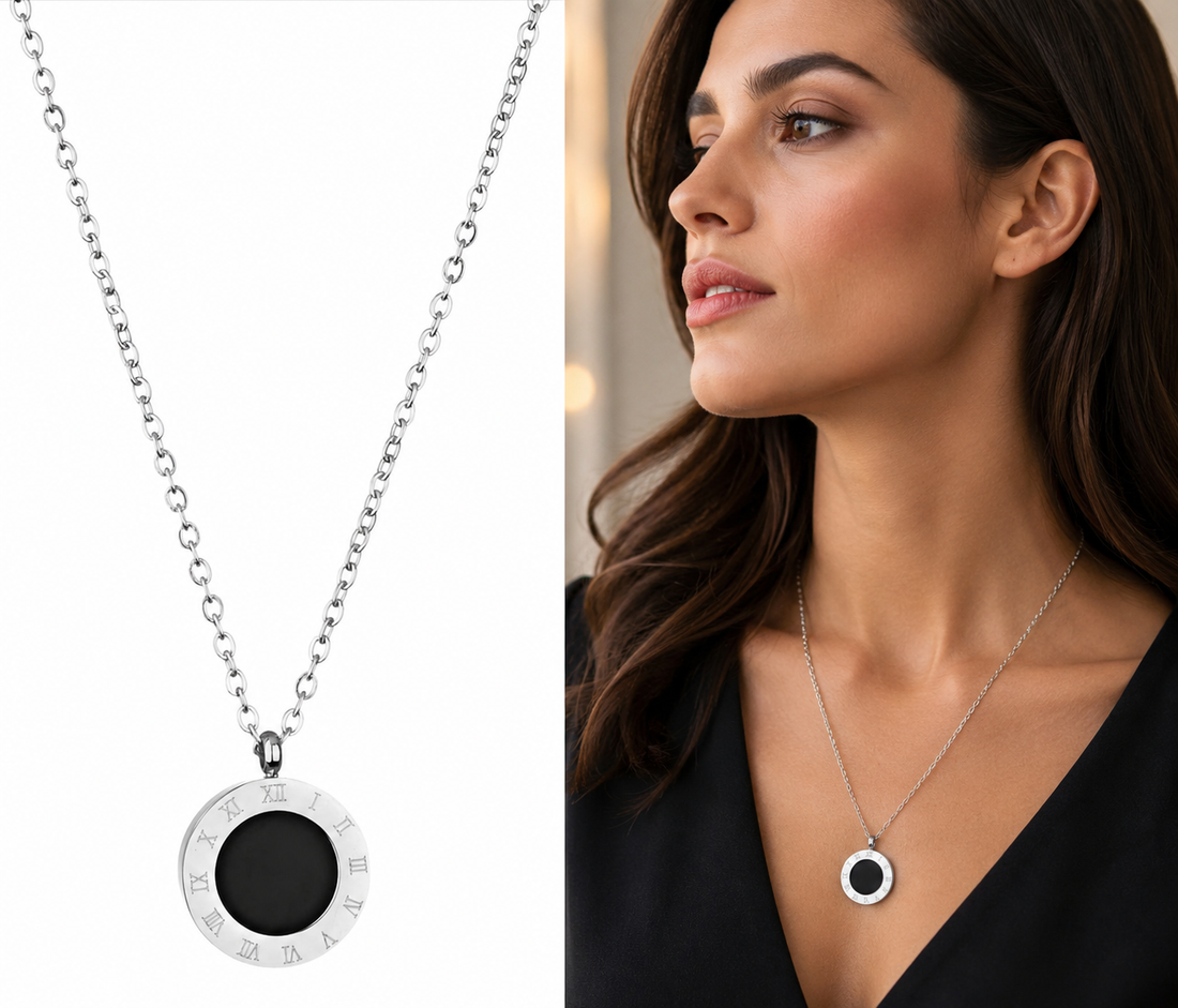 Roman Numeral Silver | Black Pendant Necklace