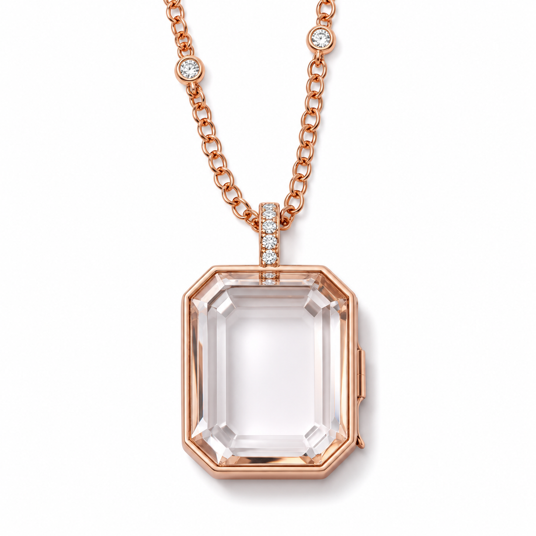 Rose Frame Detail Zircon Glass Locket Necklace