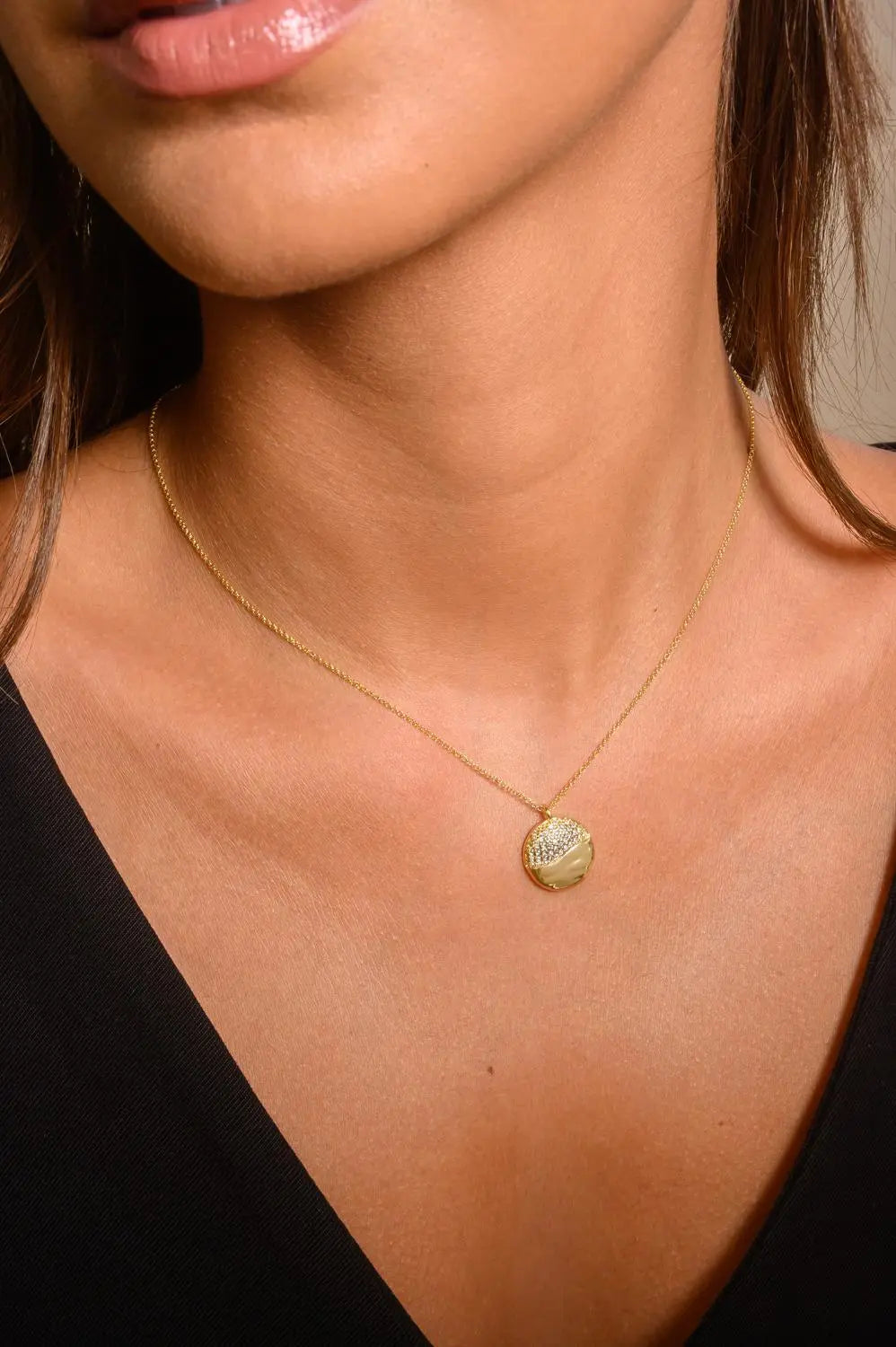 Half Pavé Pendant Necklace | 18k Gold Plated