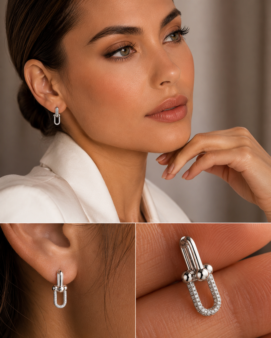 925 Sterling Silver Pave Link Drop Earrings