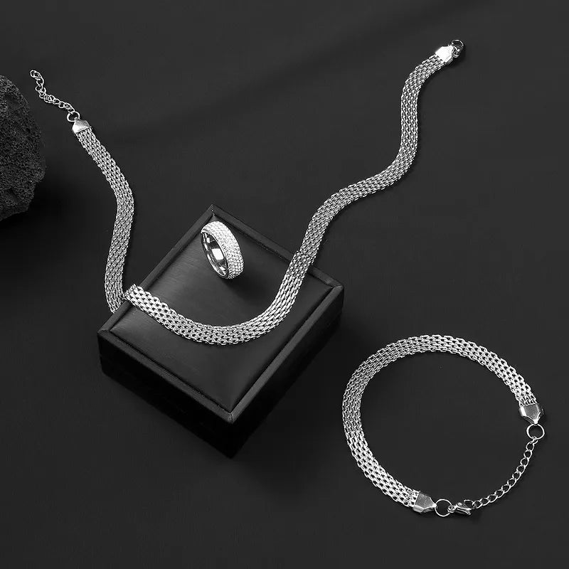 Silver Titanium Steel Jewelry Set With Ring Size 8