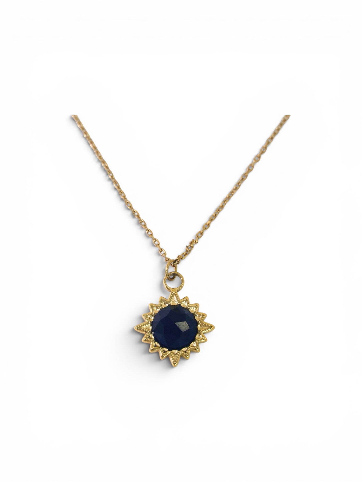 🌑 Deep Blue Agate Coin Necklace – Bold Gold Statement Piece