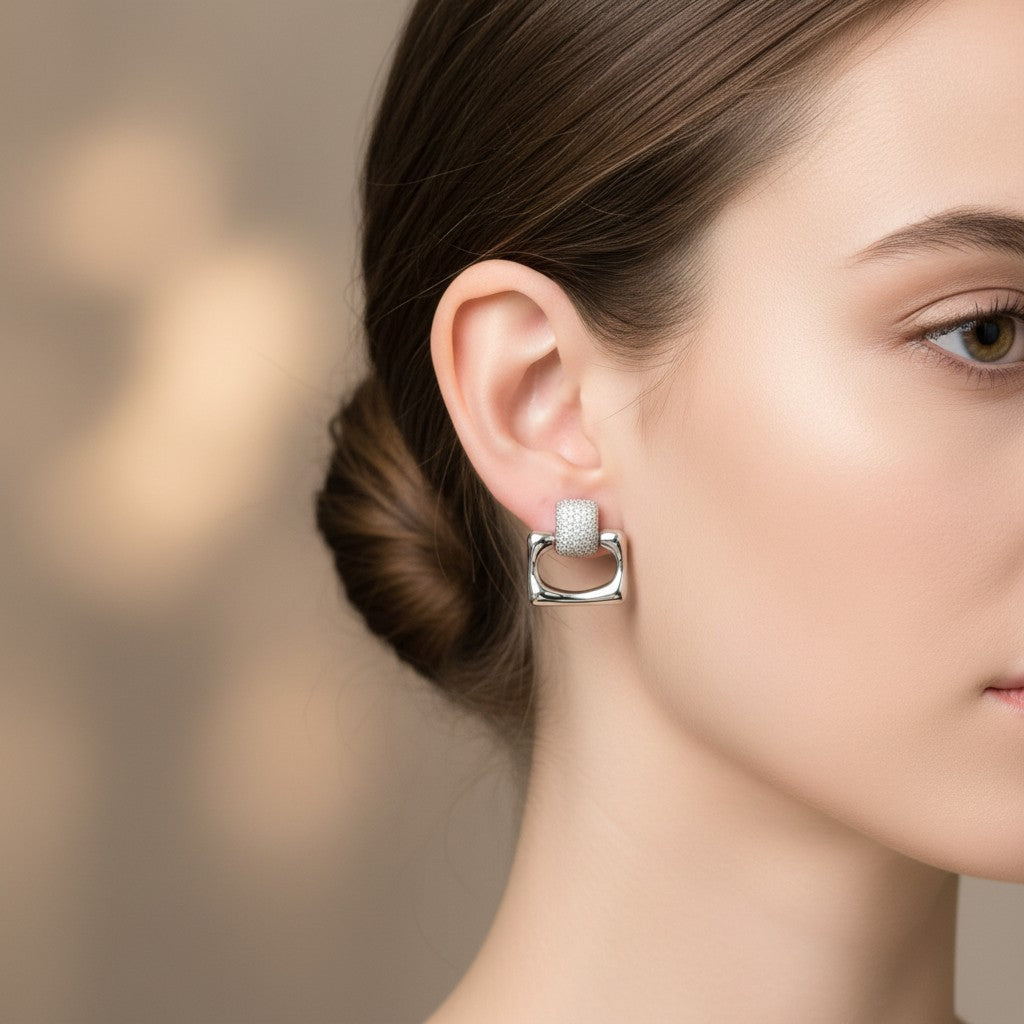 Geometric Pavé Drop Earrings | White Rhodium Plated