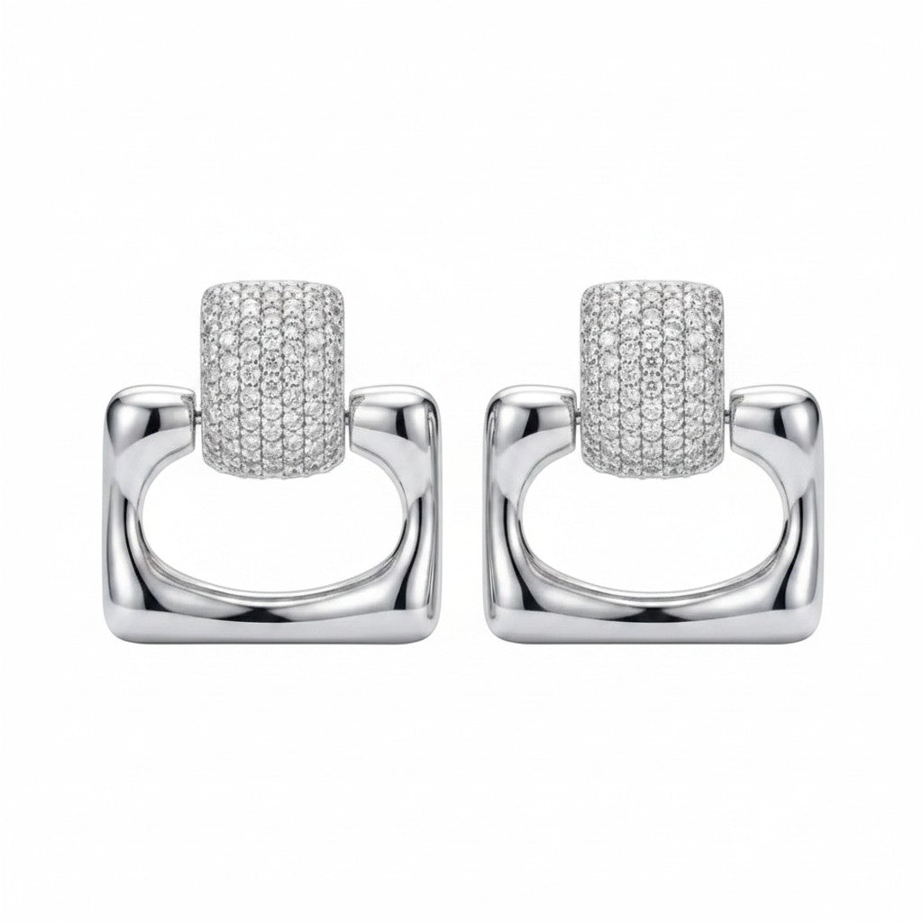 Geometric Pavé Drop Earrings | White Rhodium Plated