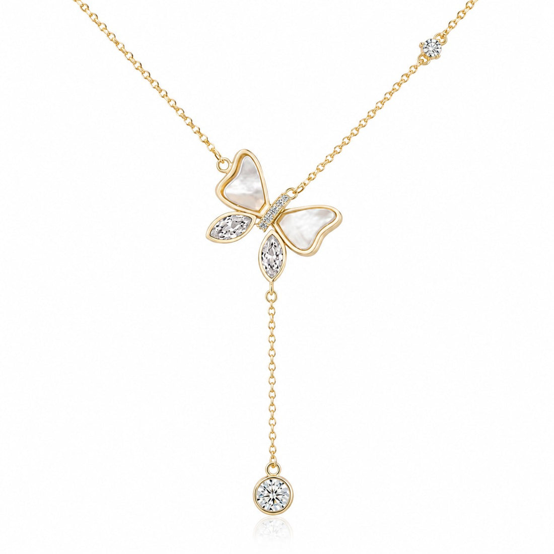 Valenna Collection gold-plated butterfly pendant necklace with pavé crystals and a delicate dangling stone drop.