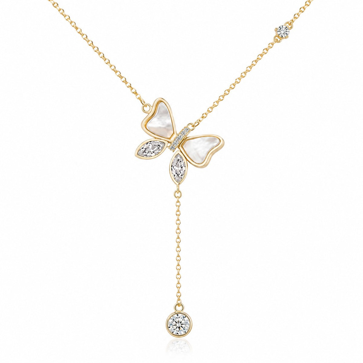 Valenna Collection gold-plated butterfly pendant necklace with pavé crystals and a delicate dangling stone drop.
